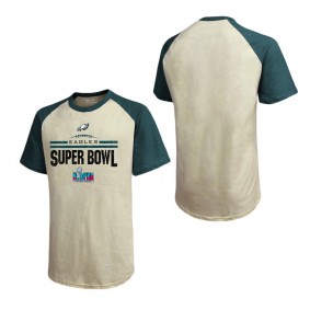 Men's Philadelphia Eagles Majestic Threads Cream Midnight Green Super Bowl LVII Goal Line Stand Raglan T-Shirt