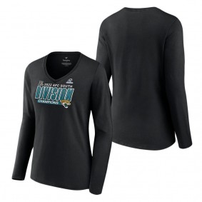 Women Jacksonville Jaguars Fanatics Branded Black 2022 AFC South Division Champions Divide & Conquer Long Sleeve V-Neck T-Shirt