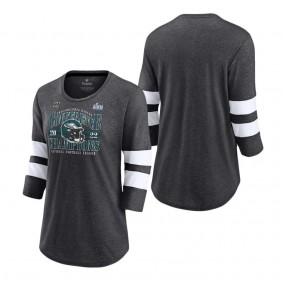 Women's Philadelphia Eagles Fanatics Branded Heather Charcoal 2022 NFC Champions Banner Worthy Tri-Blend 3 4-Sleeve T-Shirt